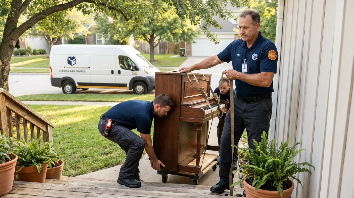 Licensed piano movers securing grand piano in Britton, SD