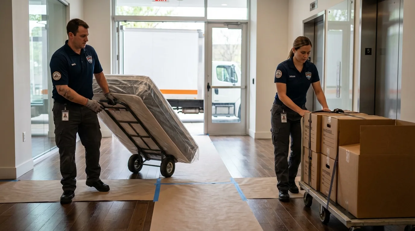 Professional apartment movers loading elevator in Britton, SD